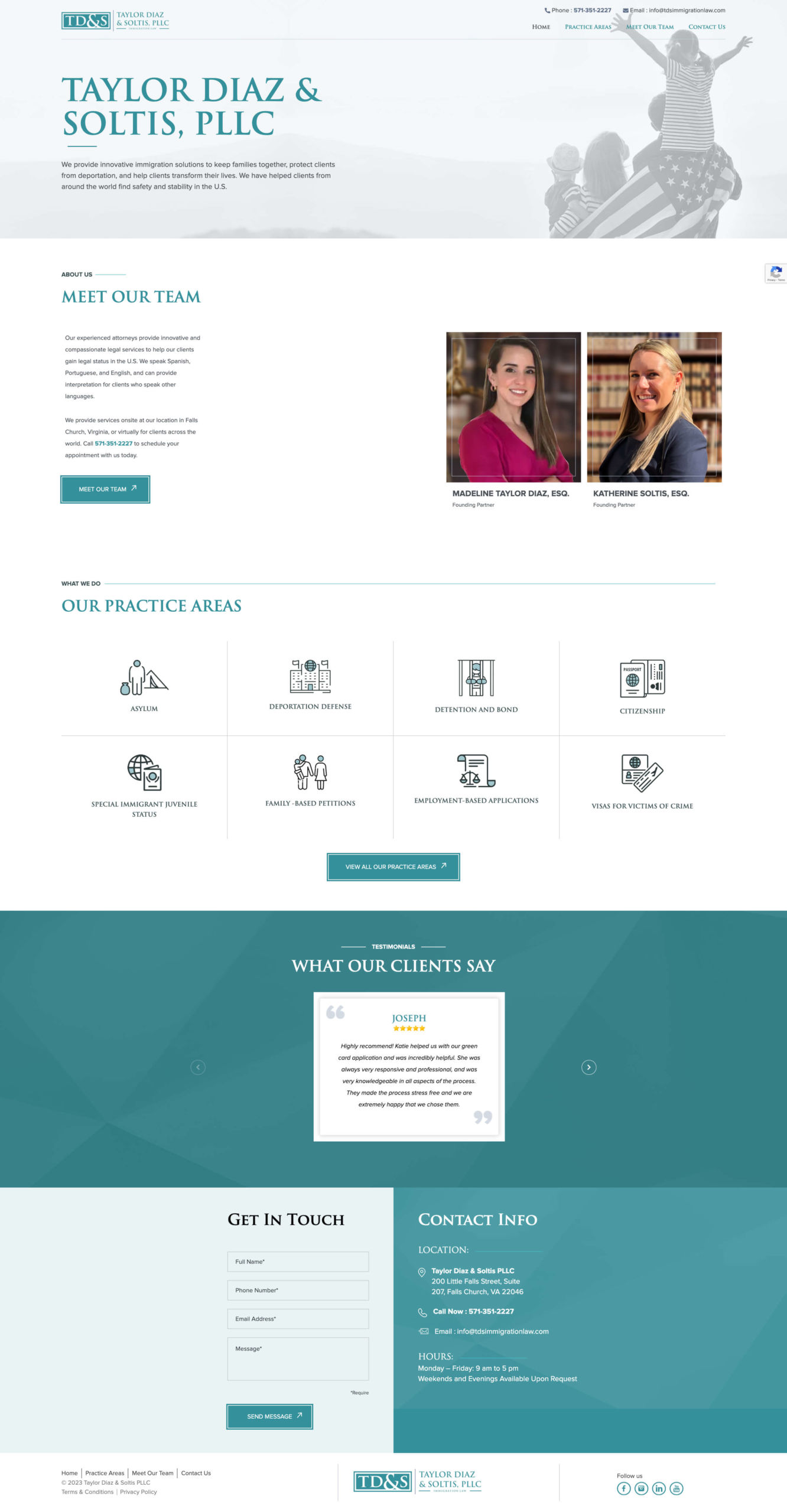 A full screen homepage image of  website development project for TD&S immigration law firm.